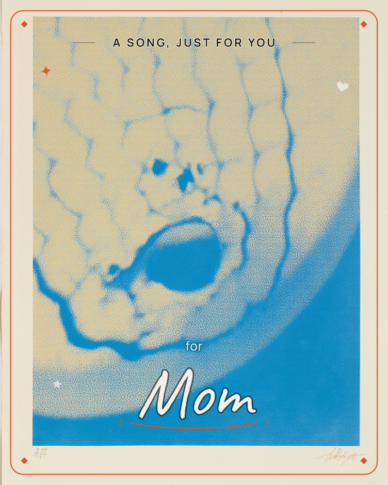 An abstract print built from fine stippled dots, showing a curved blue horizon rising into a cream sky threaded with wavy vertical lines and a dark…, a just because e-card design