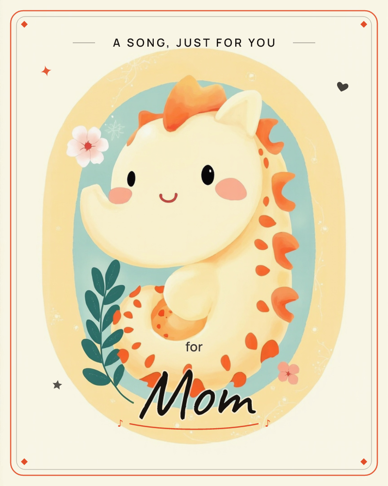 A round, cream-coloured cartoon dragon curls into a cosy coil inside an oval frame of soft blue and gold, its little orange spines and rosy cheeks…, a just because e-card design