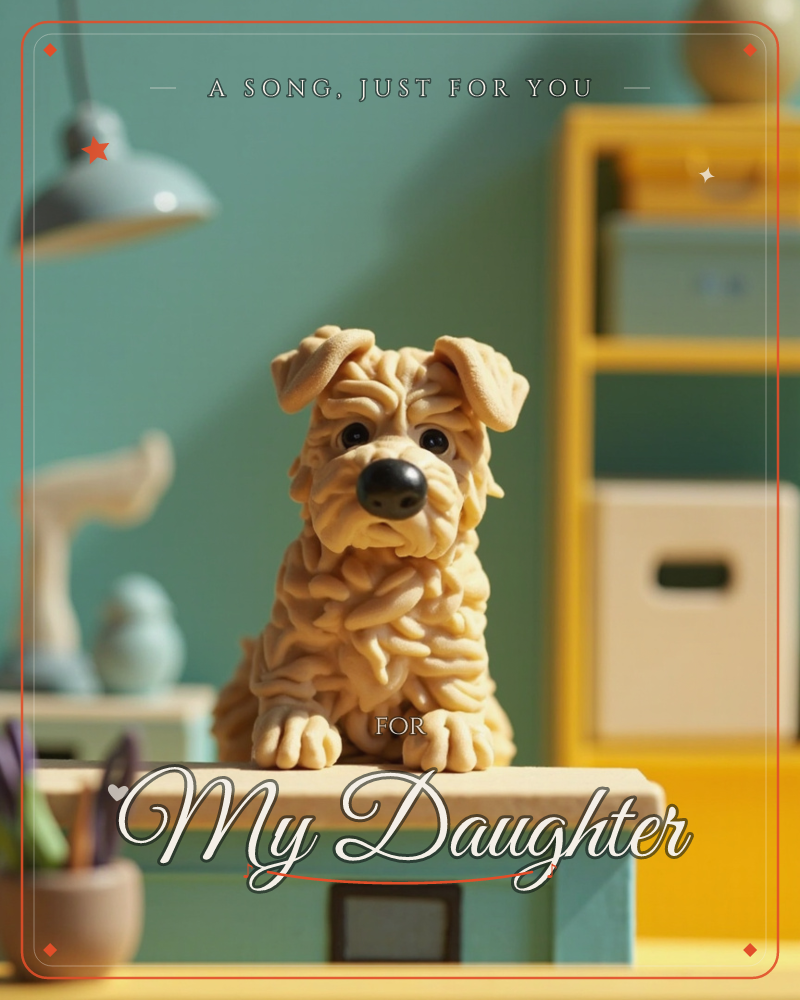 A small clay-textured terrier with shaggy, ribbon-like fur sits perched on the edge of a desk, gazing out with big dark eyes, a just because e-card design