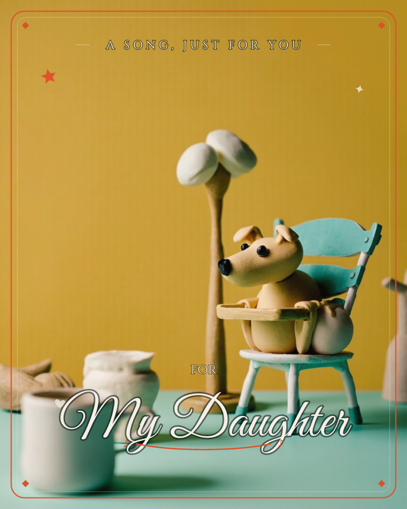 A small clay-sculpted dog sits upright in a miniature wooden chair, paws resting on its own armrests, beside a tall slender lamp-like tree topped with…, a just because e-card design