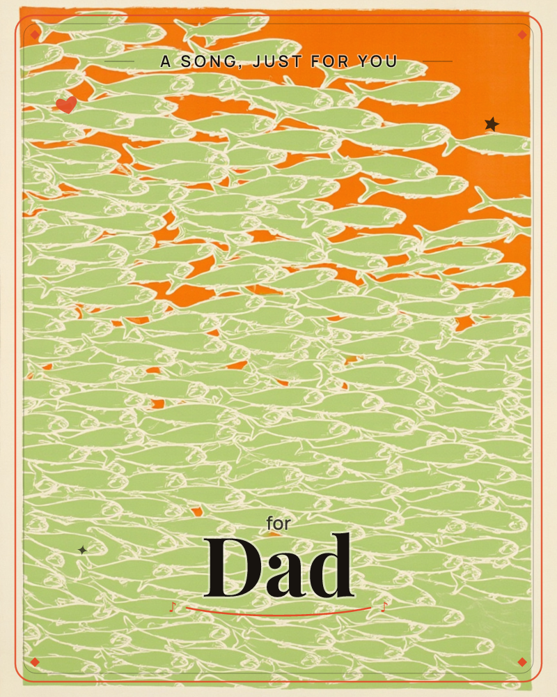 A dense school of pale green fish swims in tight formation against a bright orange background that glows like sunset water, a just because e-card design