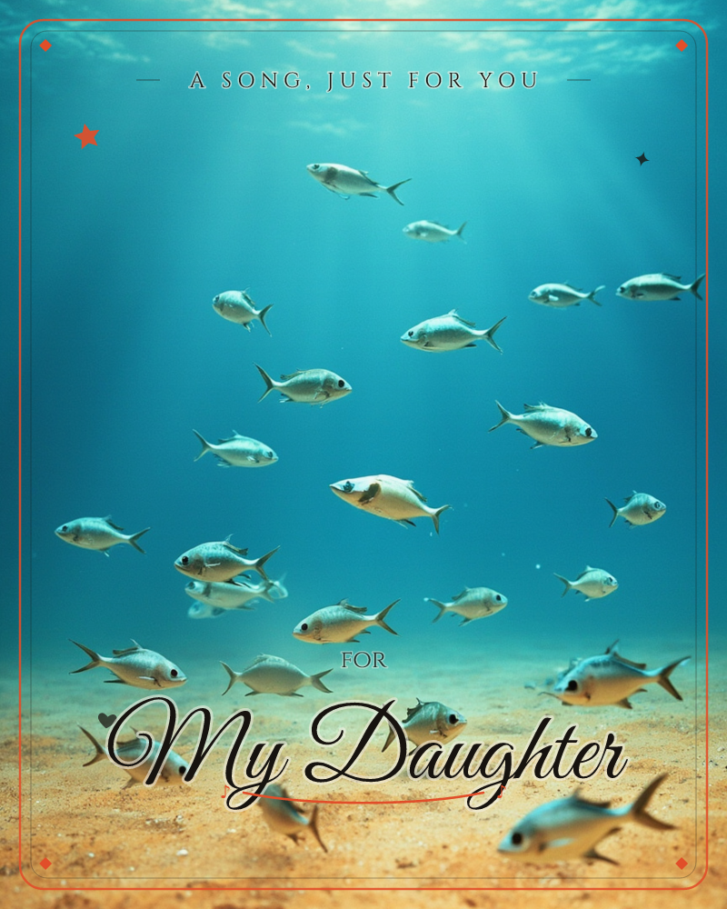 A school of silvery fish drifts through deep blue ocean water, sunlight streaming down from the surface in soft rays above a sandy seabed, a just because e-card design