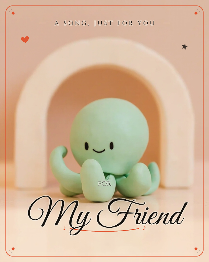 A small clay-like mint green octopus with a simple happy face sits in front of a peach-toned arched doorway, a just because e-card design