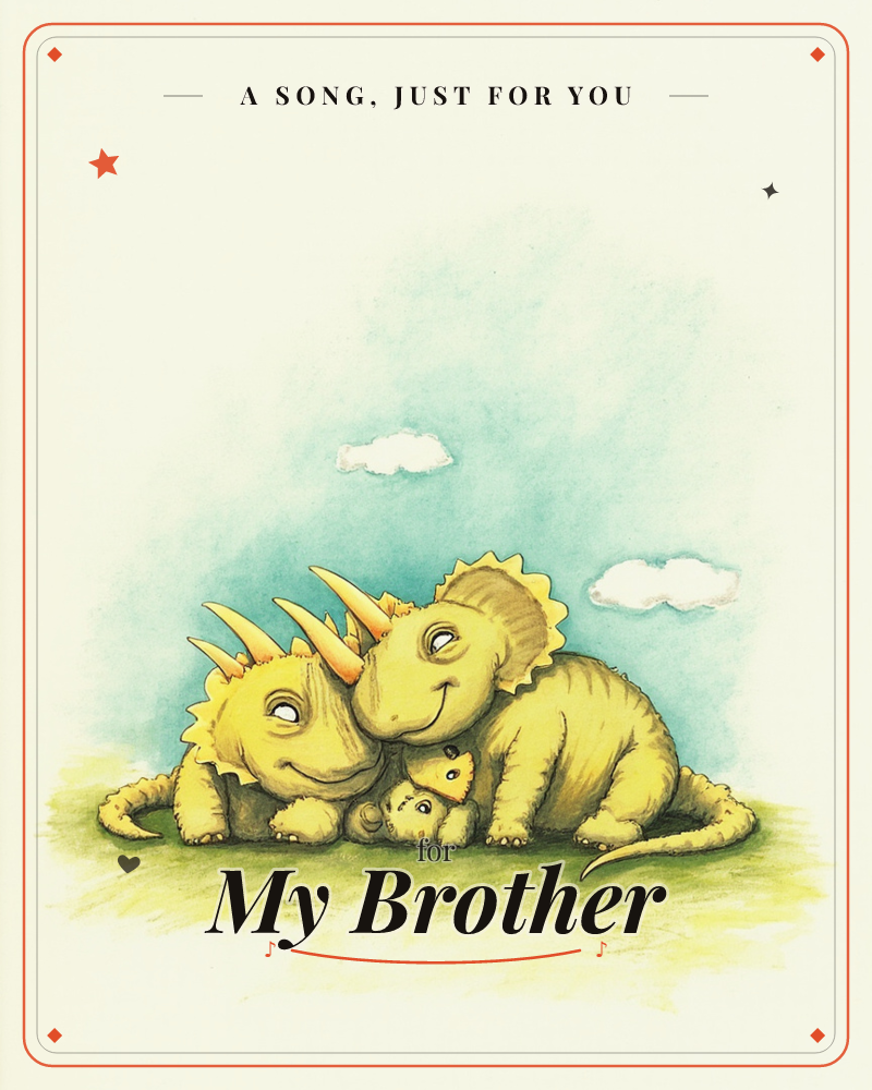 Two golden-yellow triceratops rest nose to nose on a grassy patch, cradling a small, spikeless baby dinosaur between them, a just because e-card design