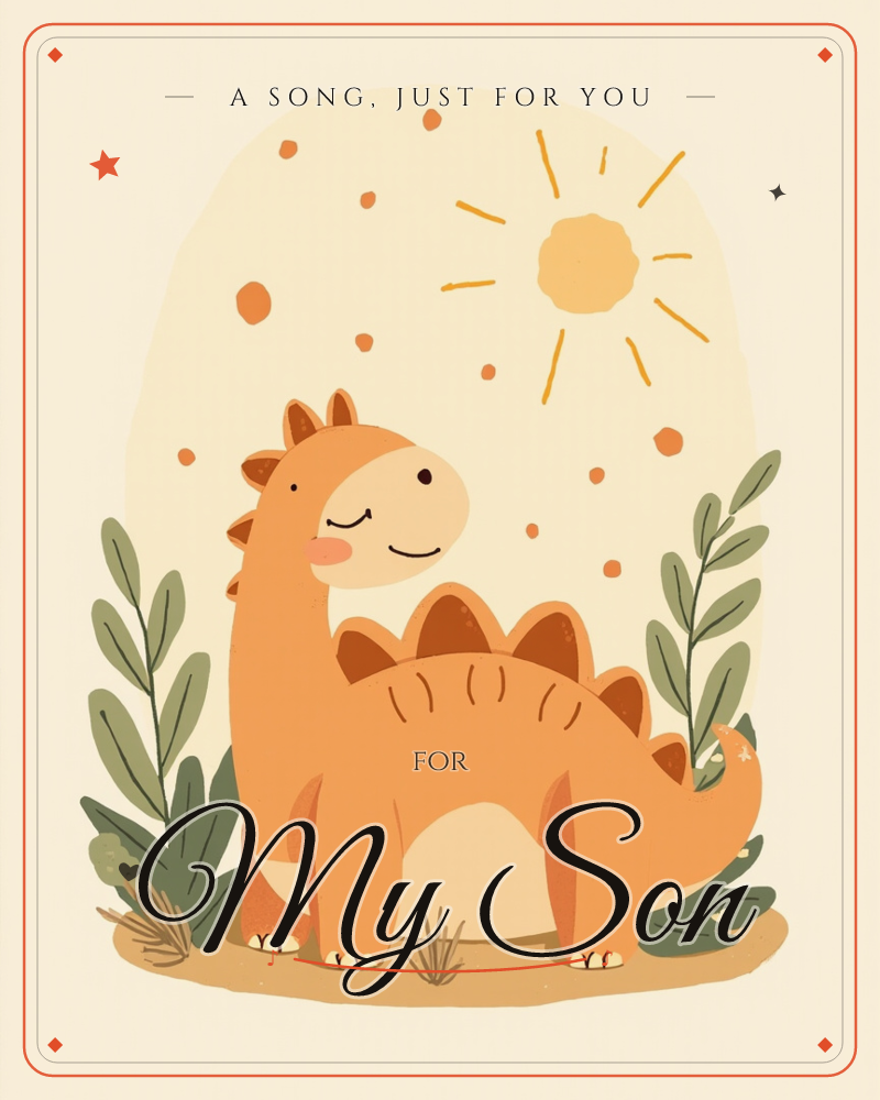 A cheerful cartoon stegosaurus with rounded orange plates and a blushing smiling face stands between leafy green fronds under a glowing cream-colored sun, a just because e-card design