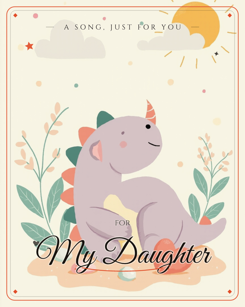 A round, smiling purple dinosaur with a coral horn and spiky back sits on a sandy patch, one paw resting on a red heart, a just because e-card design
