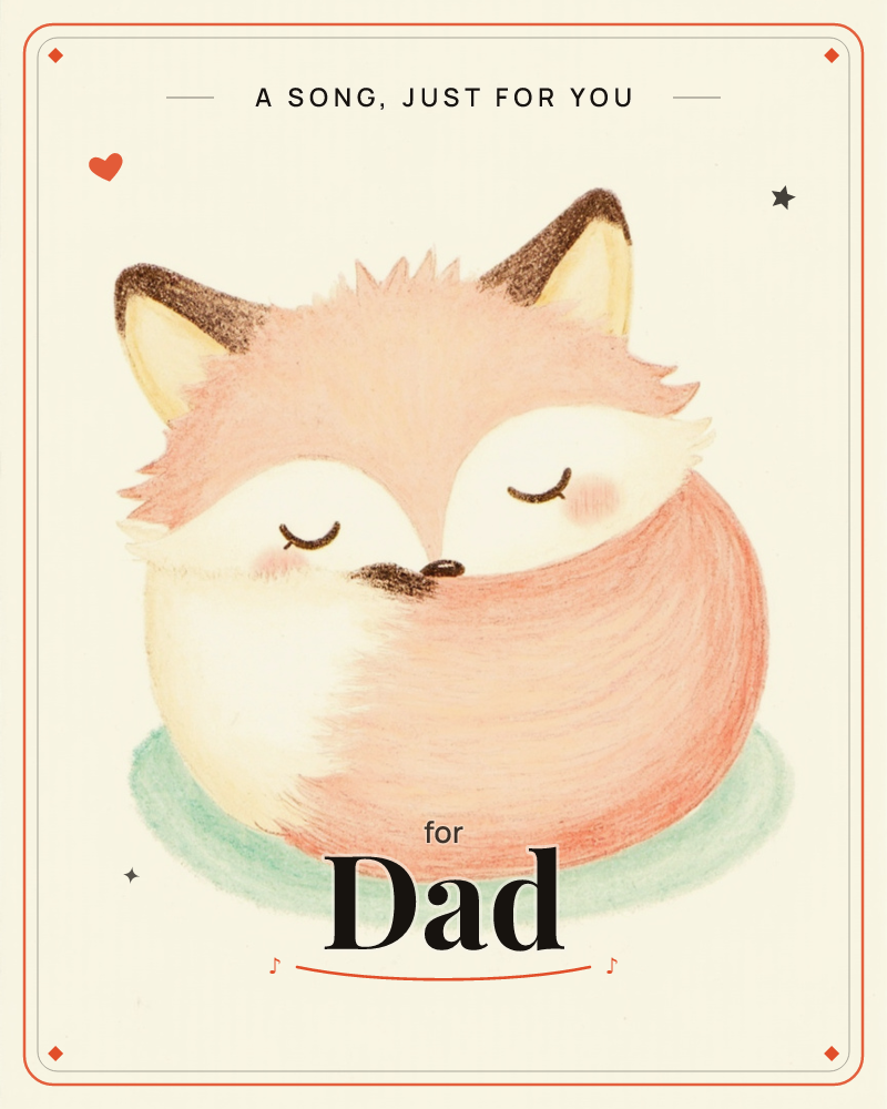 A round, sleepy fox curls into a tight ball, its bushy tail wrapped over its face and eyes closed in peaceful rest, a just because e-card design
