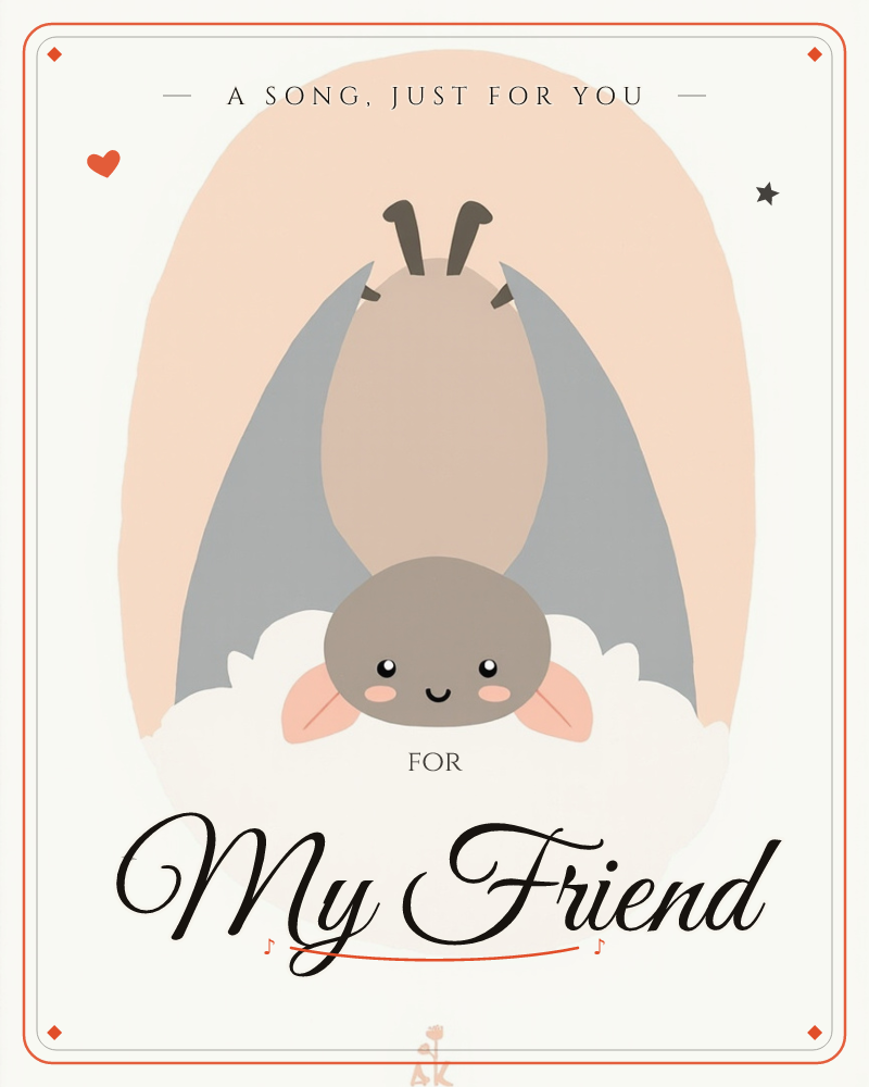 A small cartoon bat hangs upside down against a glowing archway of soft peach light, its grey wings folded around a fluffy white patch beneath it, a just because e-card design