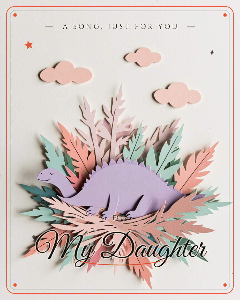 A layered paper-cut illustration shows a smiling lavender stegosaurus resting among a burst of feathery fern-like leaves in coral, mint and blush tones, a just because e-card design