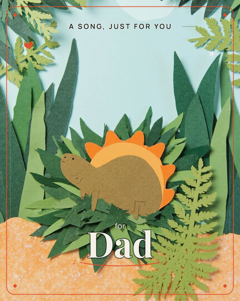 A paper-craft stegosaurus with an orange spiked back stands nestled among layered paper ferns and grass blades, a pale moon glowing in a soft teal sky…, a just because e-card design