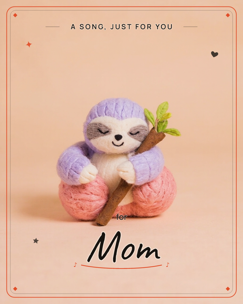 A felted wool sloth in lavender and coral sits hugging a small twig with a sprig of green leaves, its eyes closed in a peaceful smile, a just because e-card design