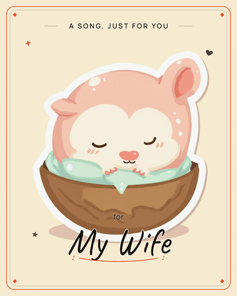 A round pink creature with a heart-shaped face and floppy ears sleeps peacefully, tucked into a brown wooden bowl lined with a soft mint-green cushion, a just because e-card design