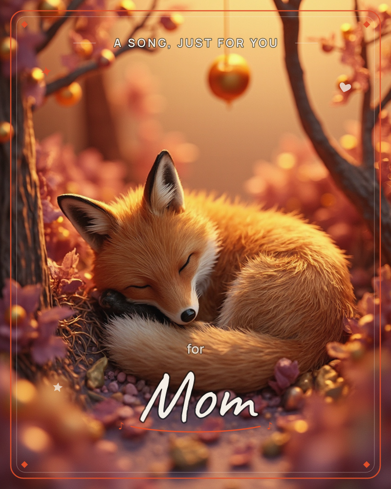 A red fox lies curled nose-to-tail in a glowing woodland nook, fast asleep among pink-blossomed branches and scattered gold baubles, a just because e-card design