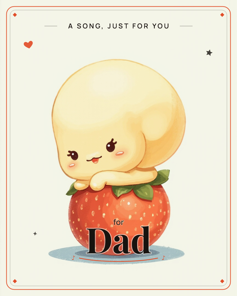 A round, pale yellow creature with a big blushing face and tiny painted eyes leans its arms over the top of an oversized red strawberry, resting there…, a just because e-card design