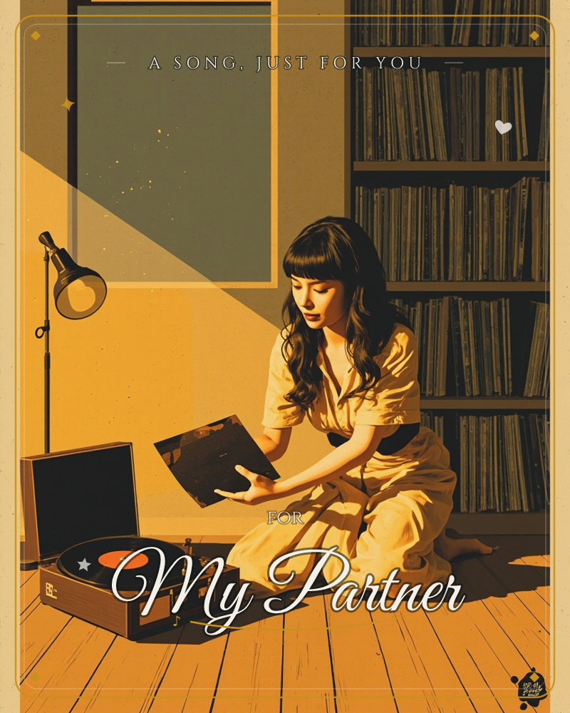 Golden-lit room at dusk, a lone figure kneeling over an old record player, vinyl shelves rising in shadow, warm amber light slicing through a dusty…, a just because e-card design by @DittyCityTeam