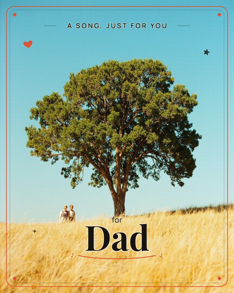 A wide, solitary tree spreads its full canopy against a clear blue sky, standing tall over a hill of sun-dried golden grass, a just because e-card design
