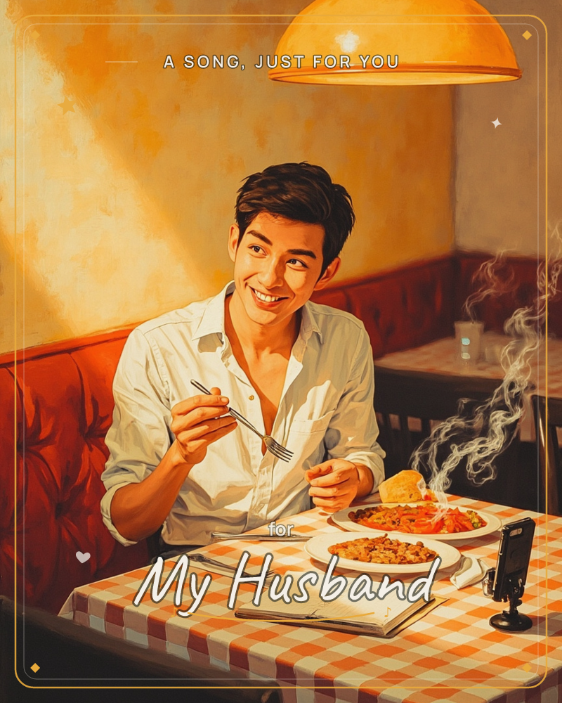 A man in a white shirt sits smiling in a cozy red booth, holding a fork over a steaming plate of food at a checkered tablecloth table, a just because e-card design