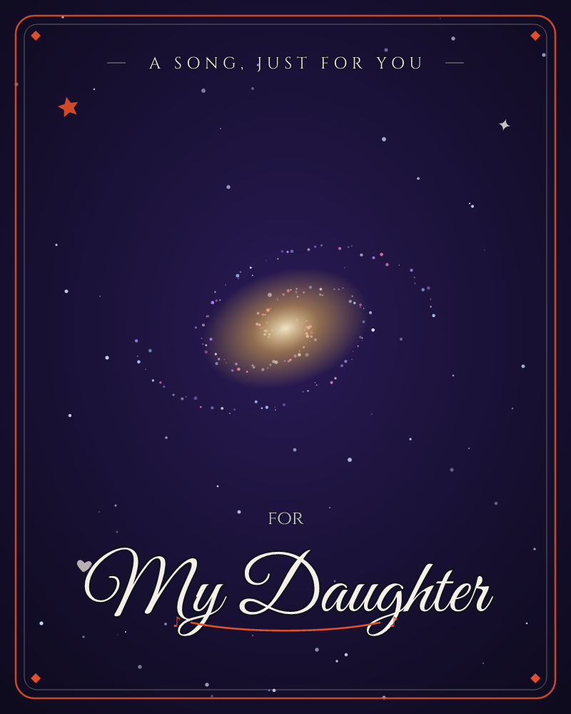 A glowing golden spiral galaxy drifts at the centre of a deep indigo sky, its bright core fading into faint arms scattered with tiny stars, a just because e-card design by @DittyCityTeam