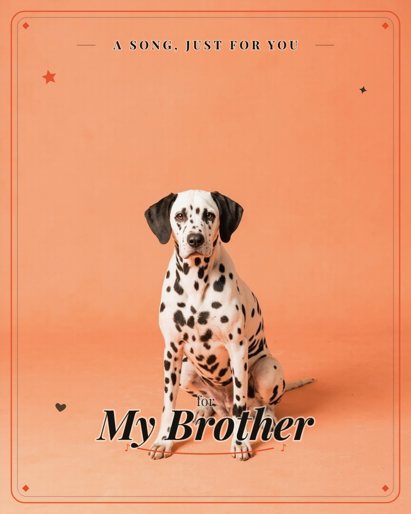 A Dalmatian sits upright and alert against a warm coral-orange studio backdrop, its black-spotted coat catching soft, even light, a just because e-card design