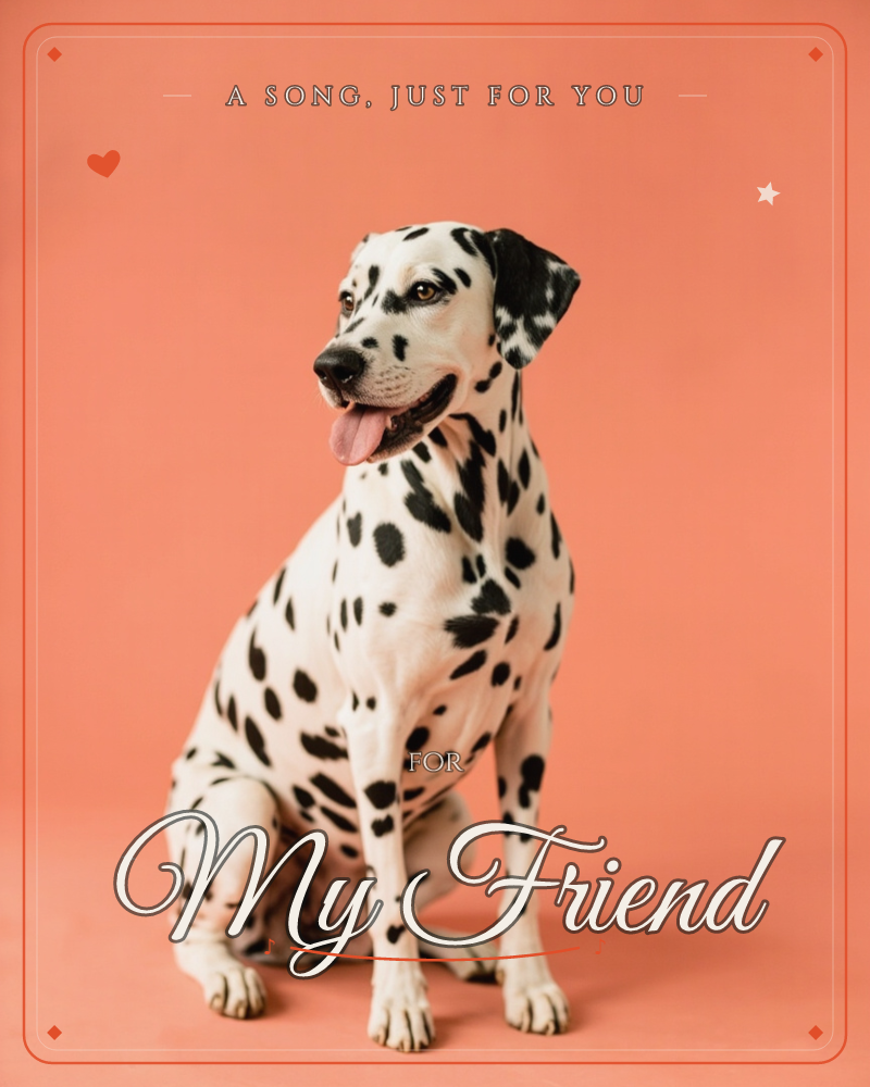 A Dalmatian sits upright in a studio portrait, tongue out and panting happily, its black spots crisp against a warm coral-orange backdrop that darkens…, a just because e-card design