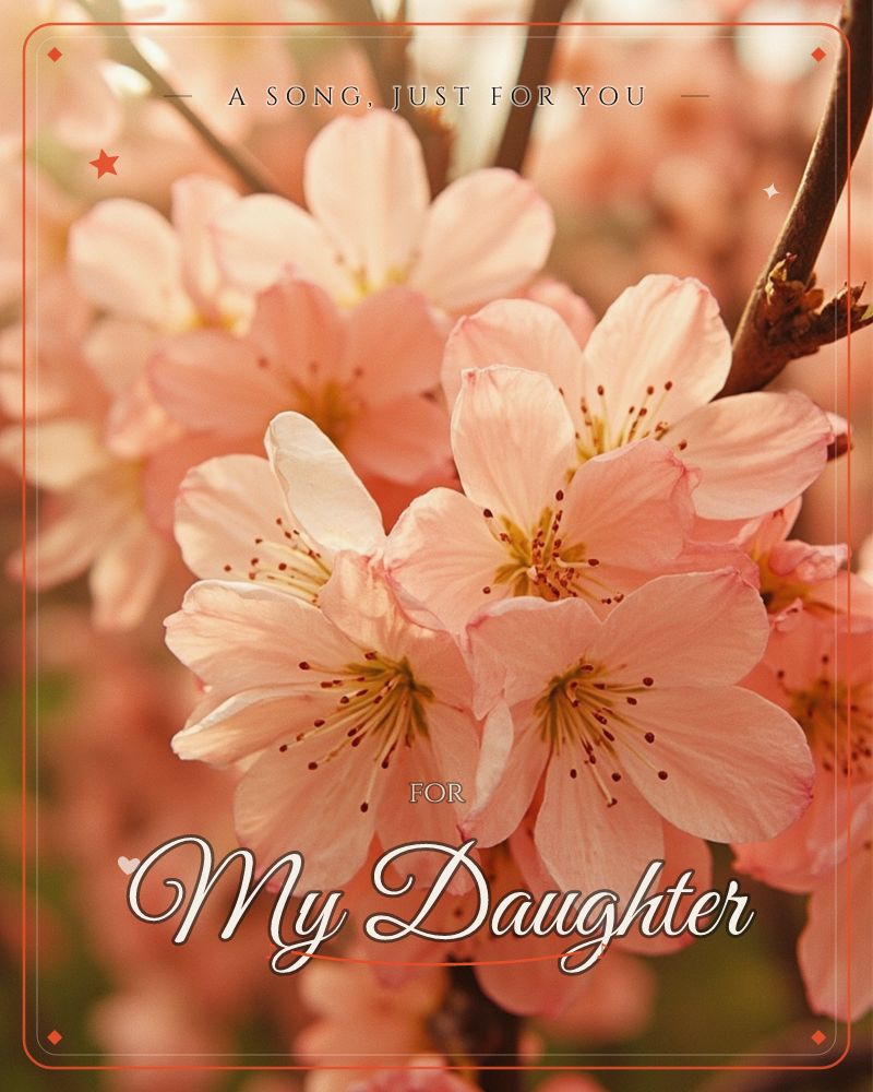 A close-up of cherry blossoms clustered on a slender branch, their pale pink petals catching warm sunlight against a softly blurred background, a just because e-card design