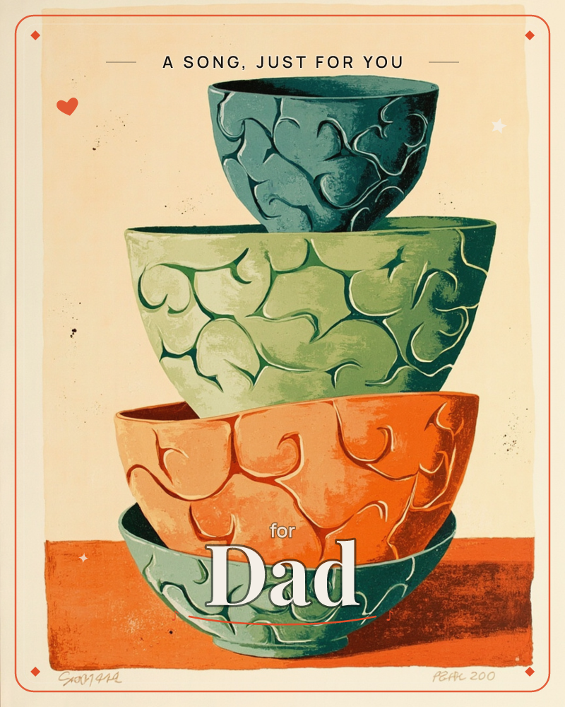 A stack of four patterned bowls balances precariously on a rust-orange tabletop, each one carved with swirling vine-like etchings and rendered in a…, a just because e-card design