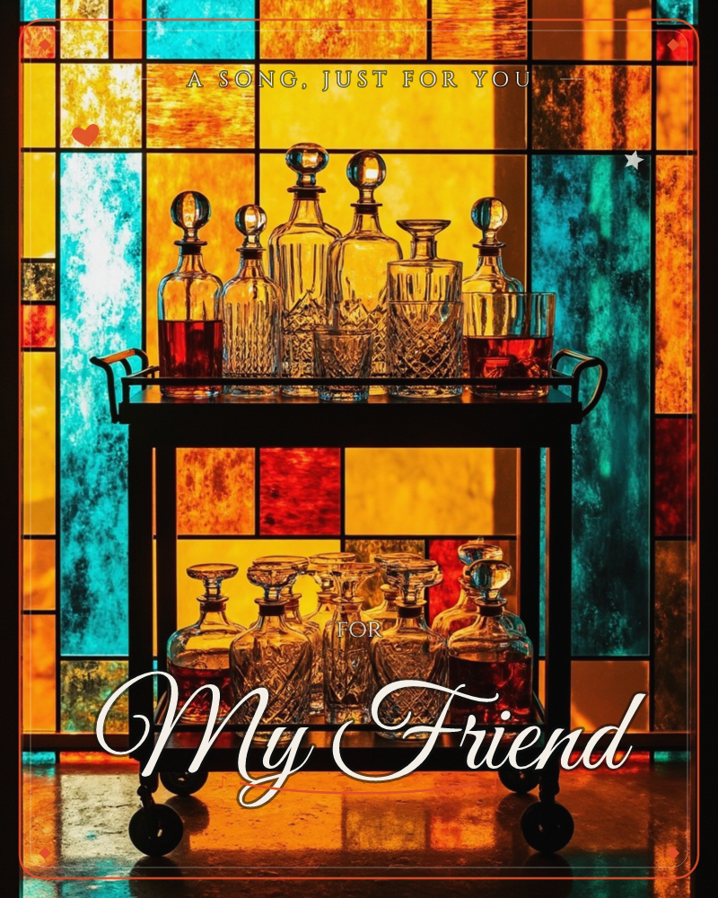 A two-tiered bar cart on castors holds a crowded lineup of cut-crystal decanters and glasses, several filled with amber and ruby liquid, a just because e-card design