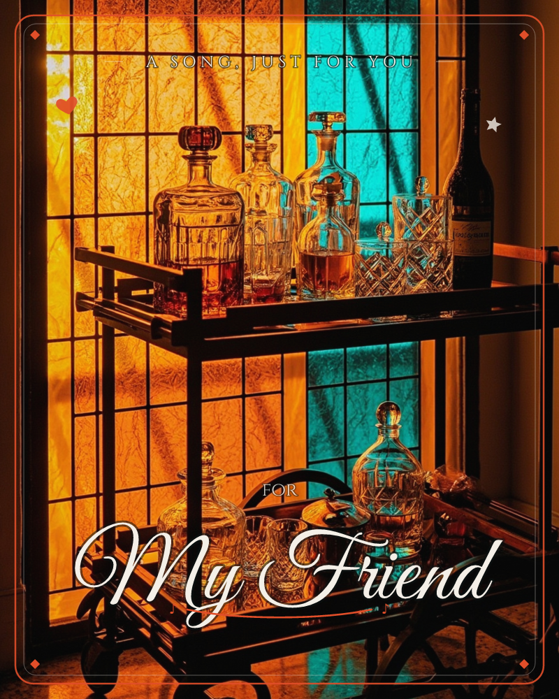 A dark bar cart stands loaded with crystal decanters and glasses, amber liquid glinting under a warm glow, a just because e-card design