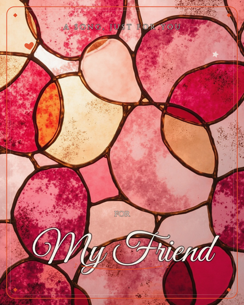 The card shows a stained-glass pattern of rounded, cell-like panes bound together with dark bronze leading, a just because e-card design