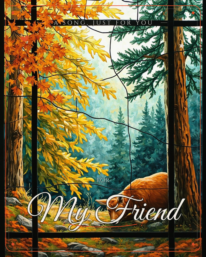 A stained-glass style illustration shows a deer grazing in a autumn forest clearing, framed by dark leaded lines like a window, a just because e-card design