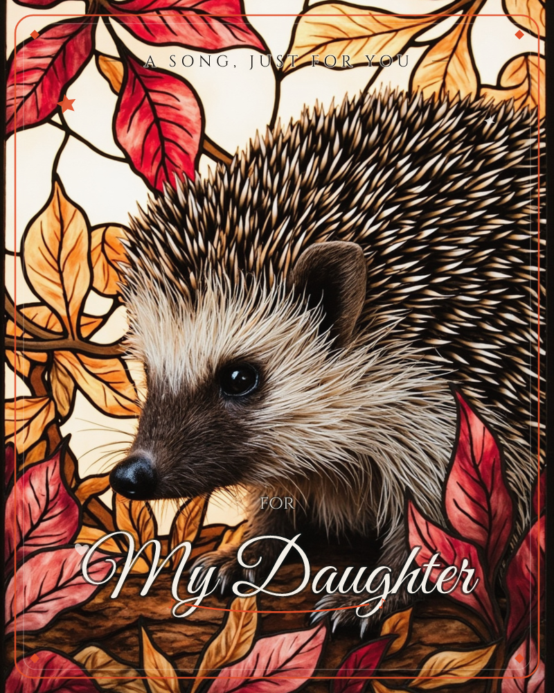 A hedgehog is rendered in a stained-glass style, its spines picked out in fine black leadlines against a warm cream background, framed by autumn leaves…, a just because e-card design