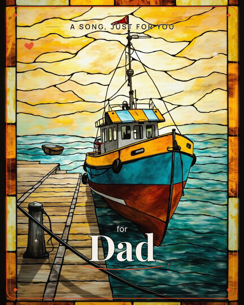 A stained-glass style illustration shows a small fishing boat with a rust-red hull and yellow trim moored beside a wooden dock, a tiny rowboat drifting…, a just because e-card design