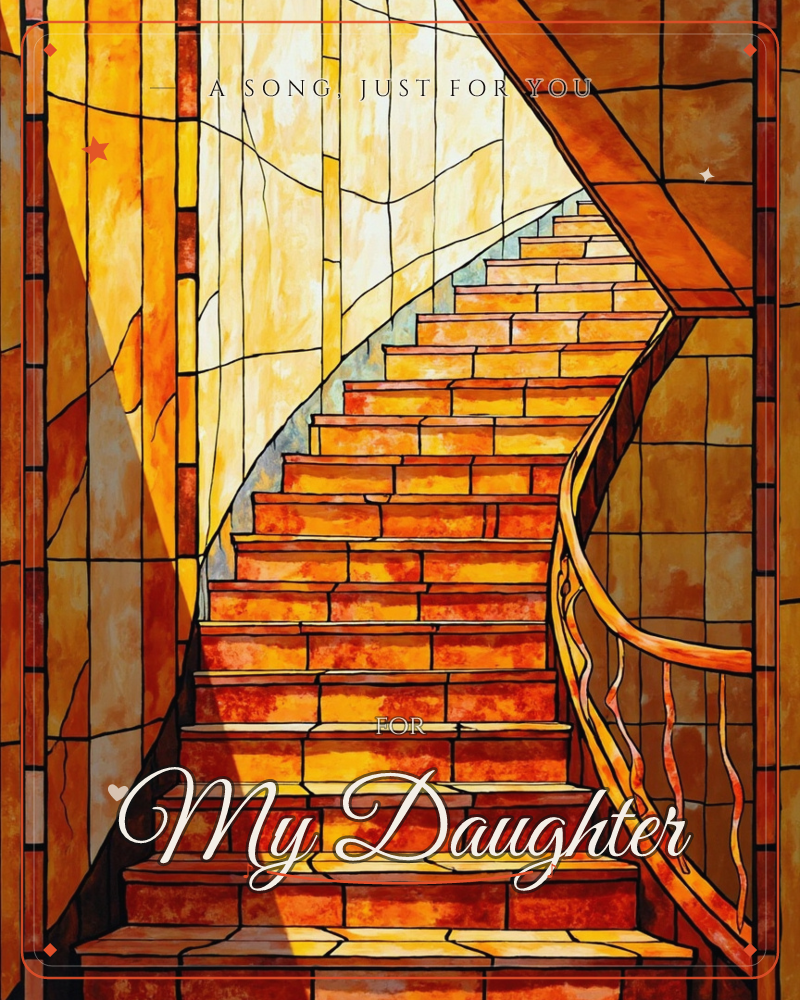A curved staircase glows in stained-glass style, its steps rendered in amber, orange and rust panels edged with dark leadwork, a just because e-card design