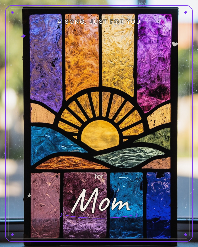 A stained-glass style panel glows against a sunlit window, showing a radiant sun rising over rolling hills with rays fanning out in bold black leadwork, a just because e-card design