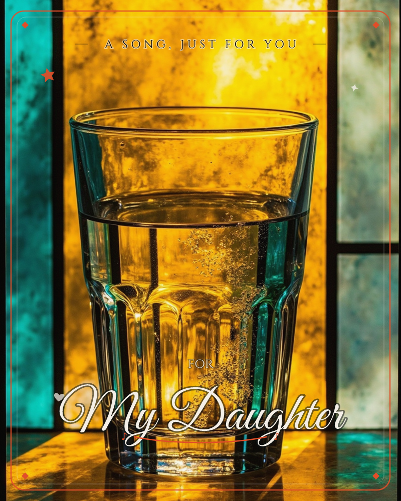 A ribbed glass tumbler sits half full of fizzing water, lit dramatically against a mottled backdrop of amber gold and teal panels, a just because e-card design