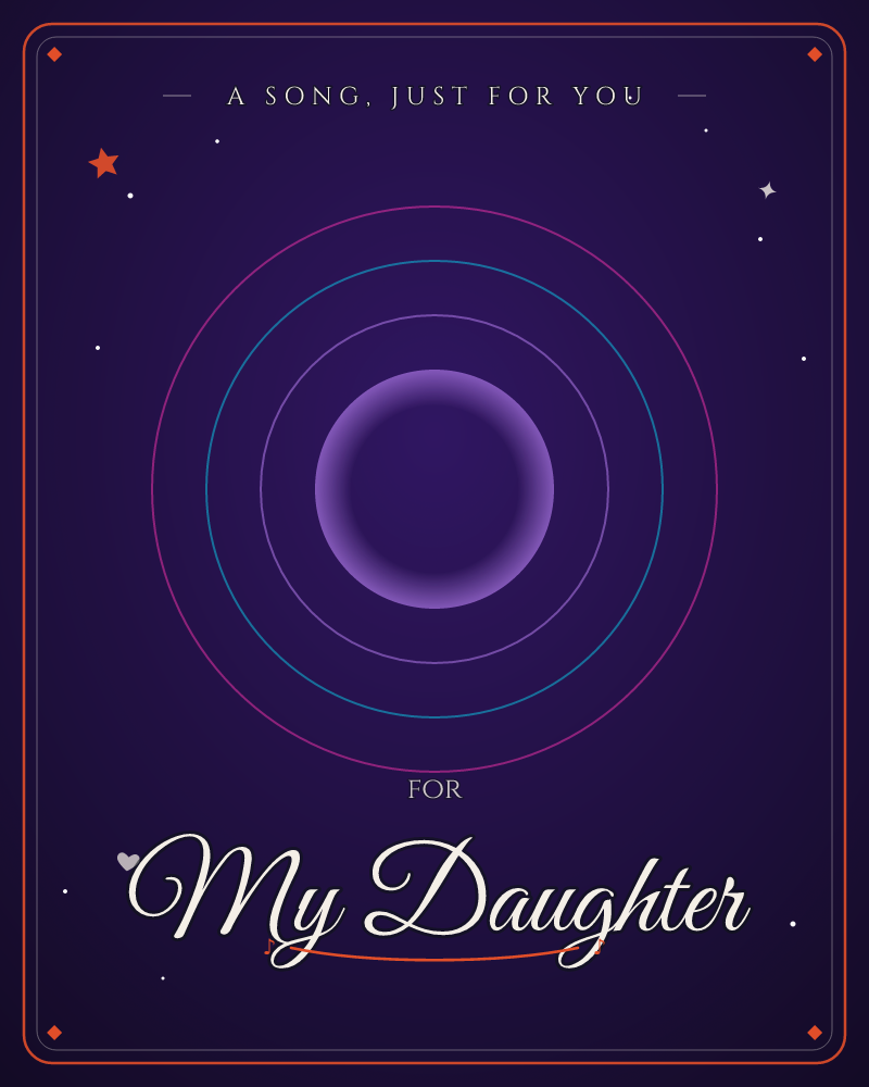 A glowing violet orb sits at the centre of concentric rings in pink and teal, floating against a deep indigo night sky scattered with faint stars, a just because e-card design by @DittyCityTeam
