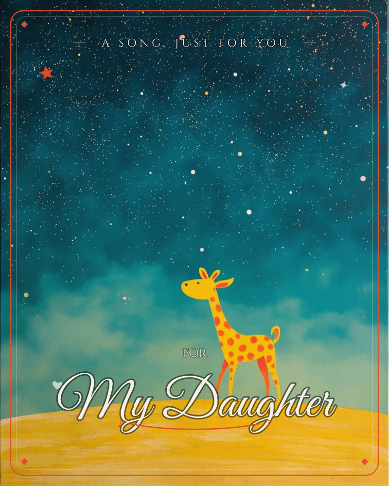 A small yellow giraffe with orange spots stands alone on a rounded golden hill, gazing up at a vast night sky scattered with stars, a just because e-card design