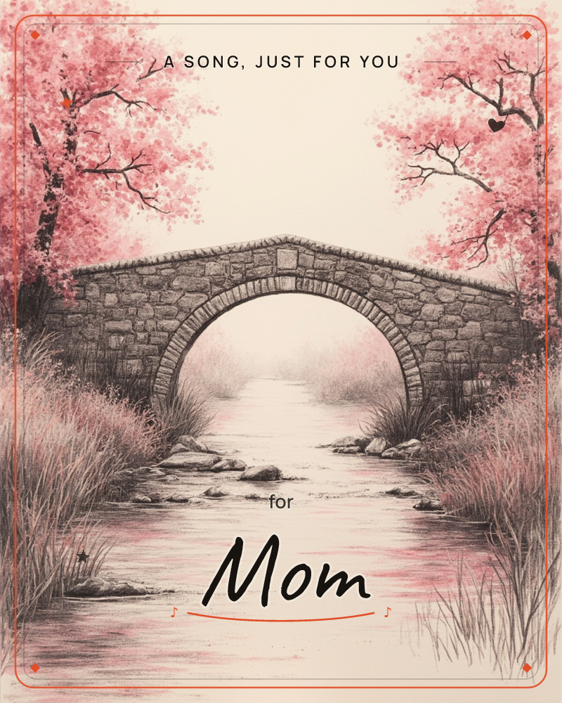 A weathered stone bridge arches over a quiet stream, its reflection rippling in the pale water below, a just because e-card design
