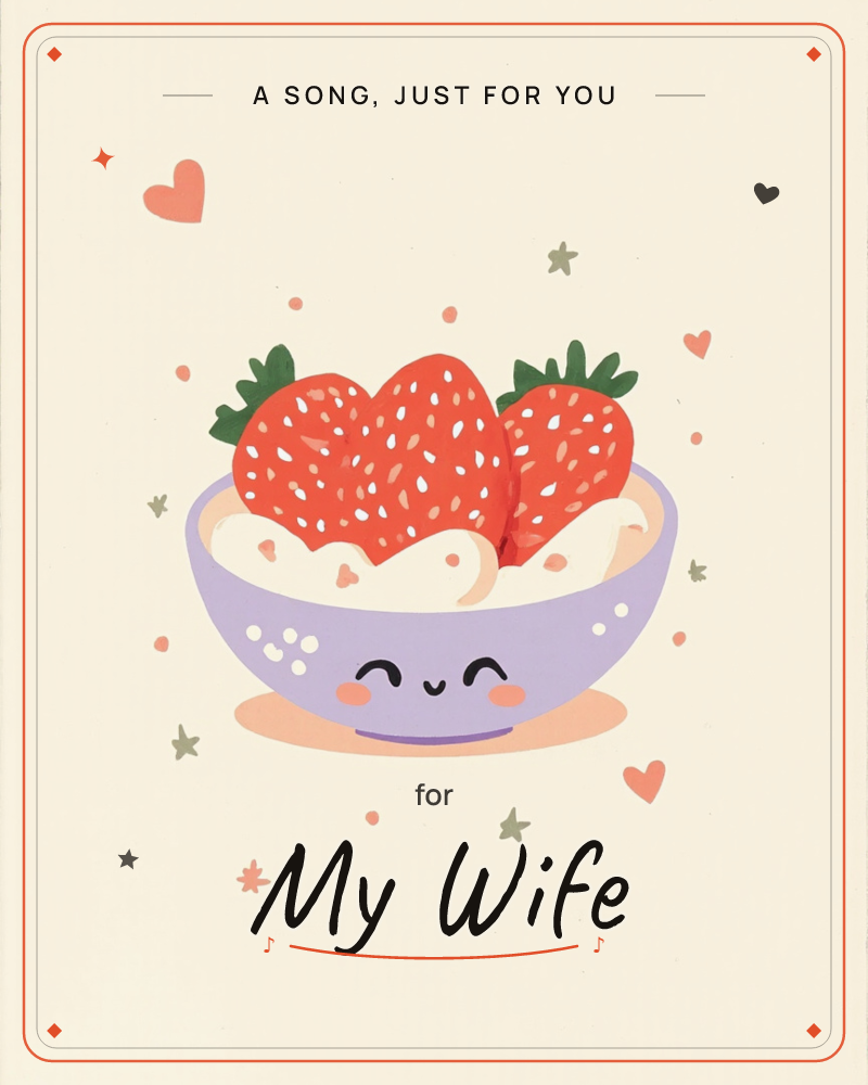 A cheerful lavender bowl with a smiling face holds a scoop of whipped cream topped with three plump, oversized strawberries, a just because e-card design