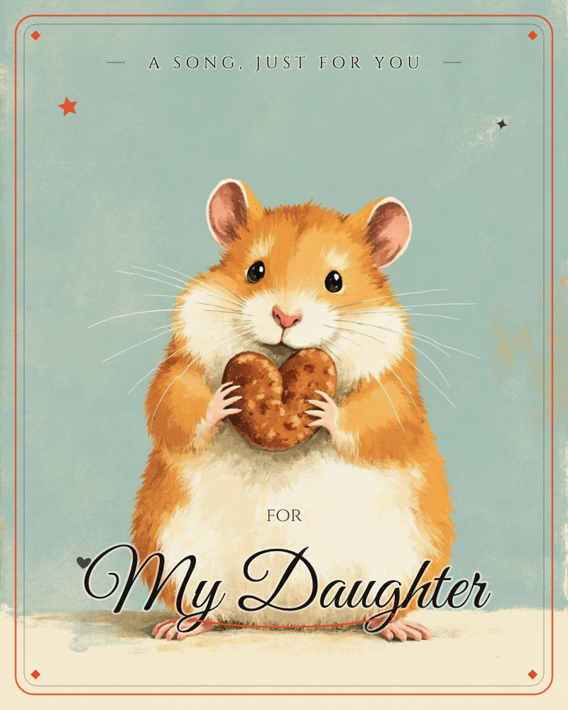 A round, golden-orange hamster sits upright against a muted teal backdrop, clutching a heart-shaped biscuit in its tiny paws and nibbling the edge, a just because e-card design