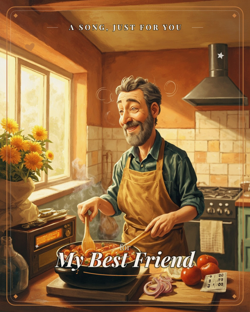 Sunlit kitchen glowing amber, a bubbling pot of tomatoes and onions, steam curling past sunflowers on the sill, warm afternoon comfort and old-radio…, a just because e-card design