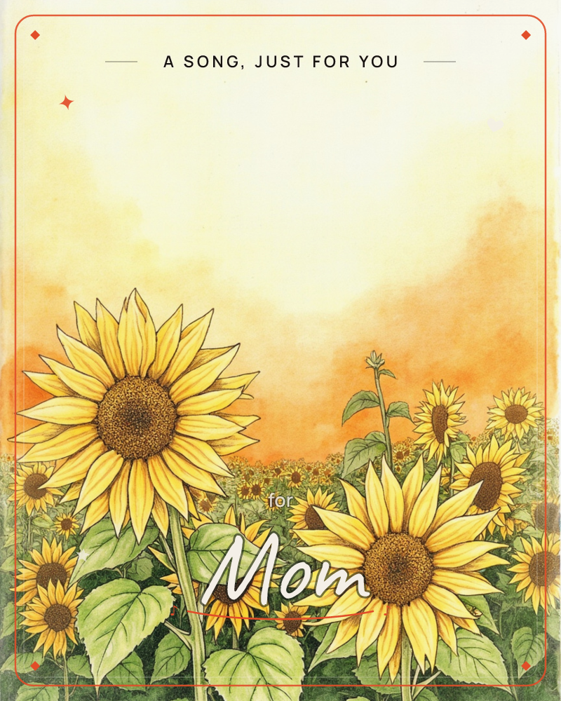 A field of sunflowers stretches toward a glowing orange-gold horizon, their dark seeded centers and layered petals rendered in fine detailed linework, a just because e-card design