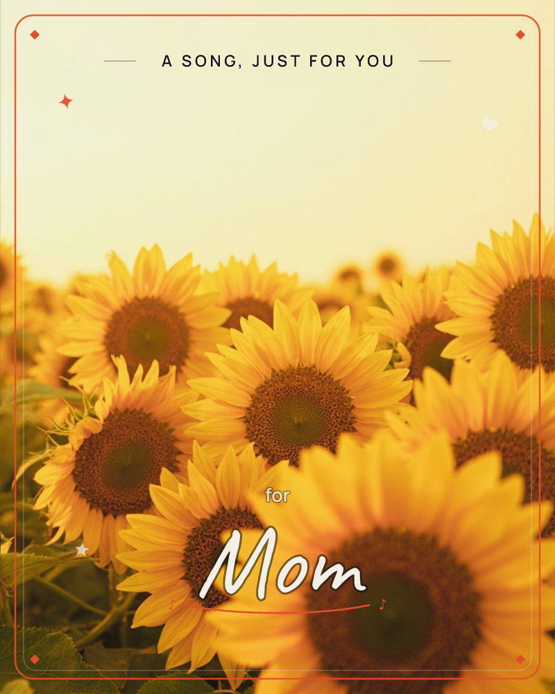 A dense field of sunflowers fills the frame, their broad yellow petals and dark seeded centres turned toward a hazy, warm sky, a just because e-card design