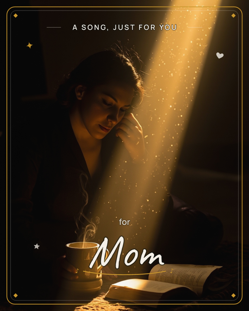 A woman lost in an open book, golden dust-light falling through the dark, steam curling up from her coffee like a quiet prayer, a just because e-card design