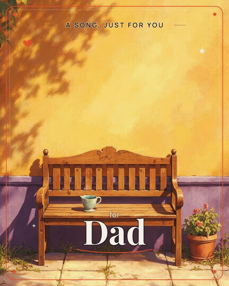 A wooden garden bench sits against a sun-warmed ochre wall, dappled with the shifting shadow of an unseen tree, a just because e-card design