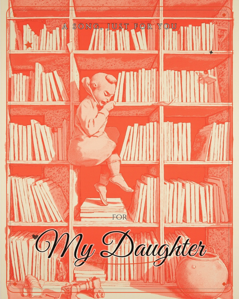 A tall bookshelf packed with rows of pale books fills the whole page, rendered entirely in a single warm coral-red tone, a just because e-card design