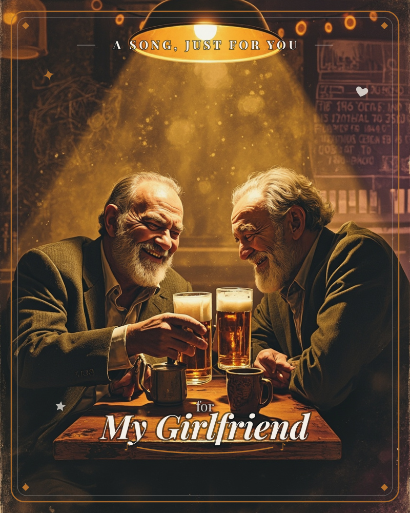 A dim tavern corner glowing under one warm lamp, golden beer light and old wood, night settling in with laughter between friends, a just because e-card design by @DittyCityTeam