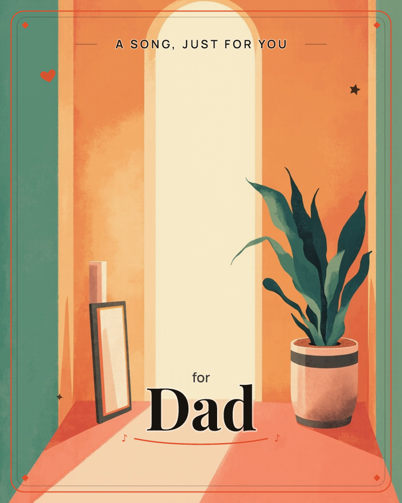A sunlit archway glows at the end of a warm orange hallway, flanked by teal walls and a terracotta floor, a just because e-card design