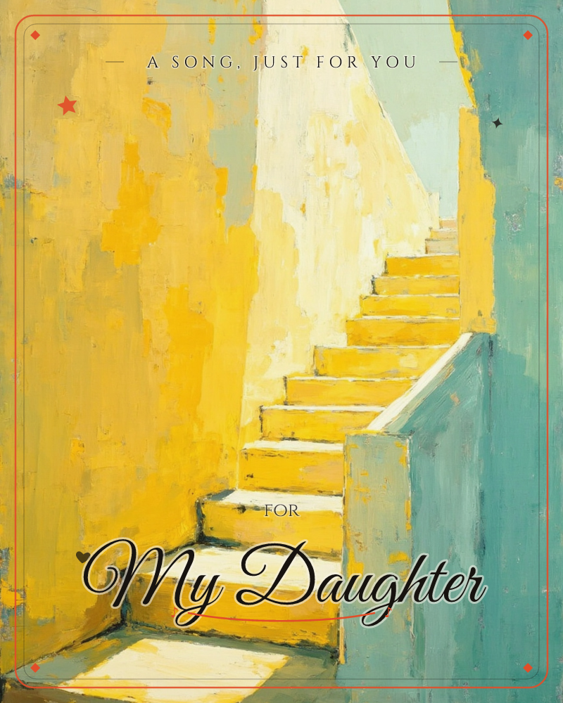 A sun-bleached staircase climbs between mustard-yellow walls toward a sliver of pale sky, its teal balustrade catching the shade on one side, a just because e-card design