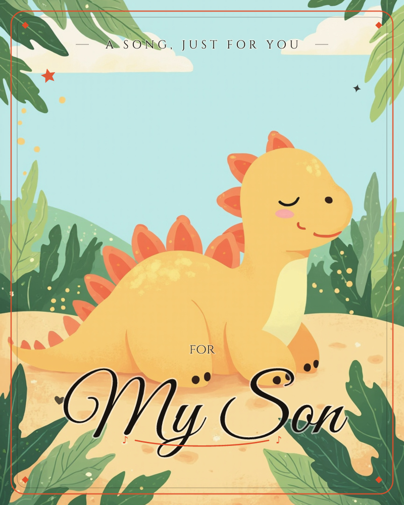 A round, sleepy yellow stegosaurus rests contentedly on a sandy patch, its eyes closed and cheeks flushed pink with a soft smile, a just because e-card design